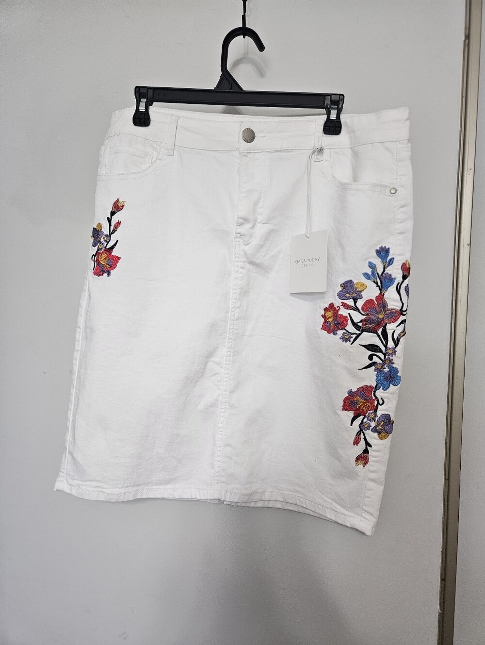White Embroidered Floral Denim Skirt